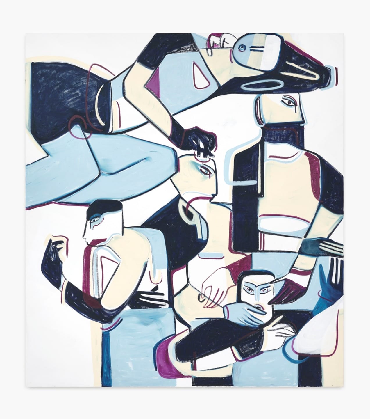 Abstract painting with overlapping geometric figures in blue, black, and beige, displaying dynamic and interconnected forms.