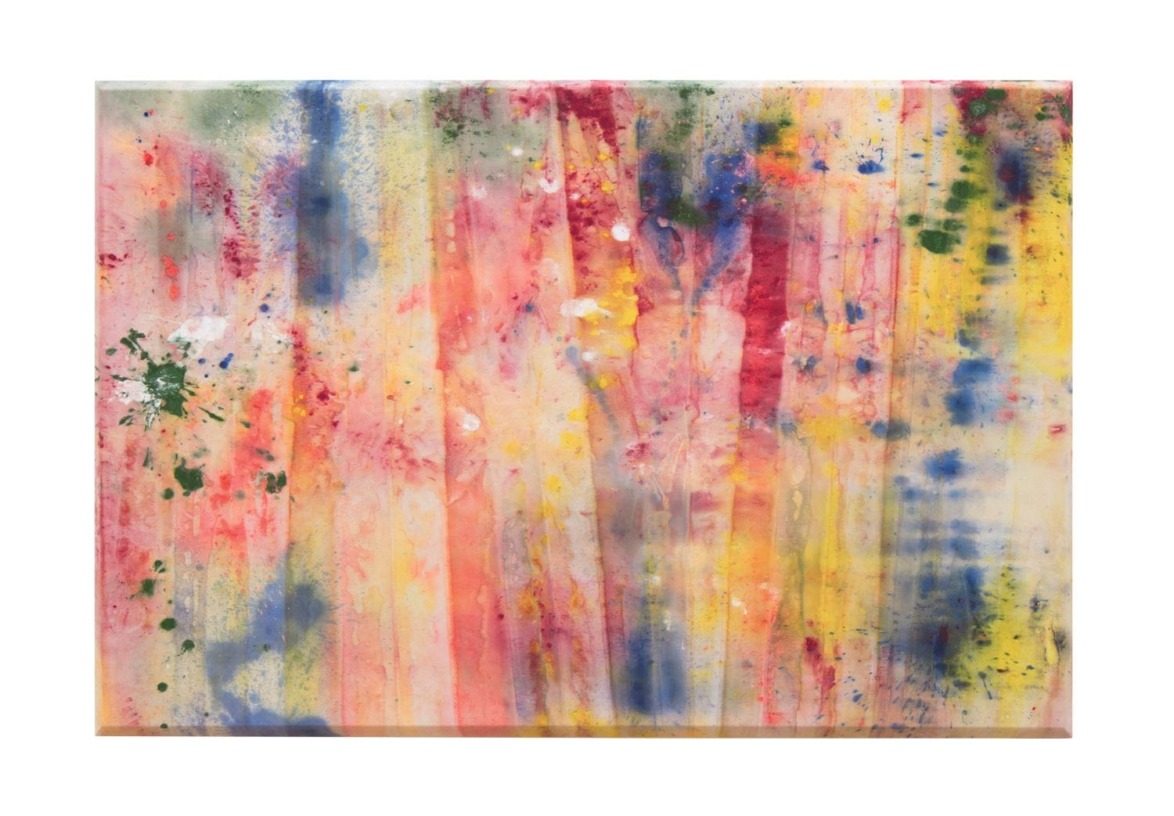 Colorful abstract painting with splatters and vertical streaks in red, blue, yellow, green, and pink tones.