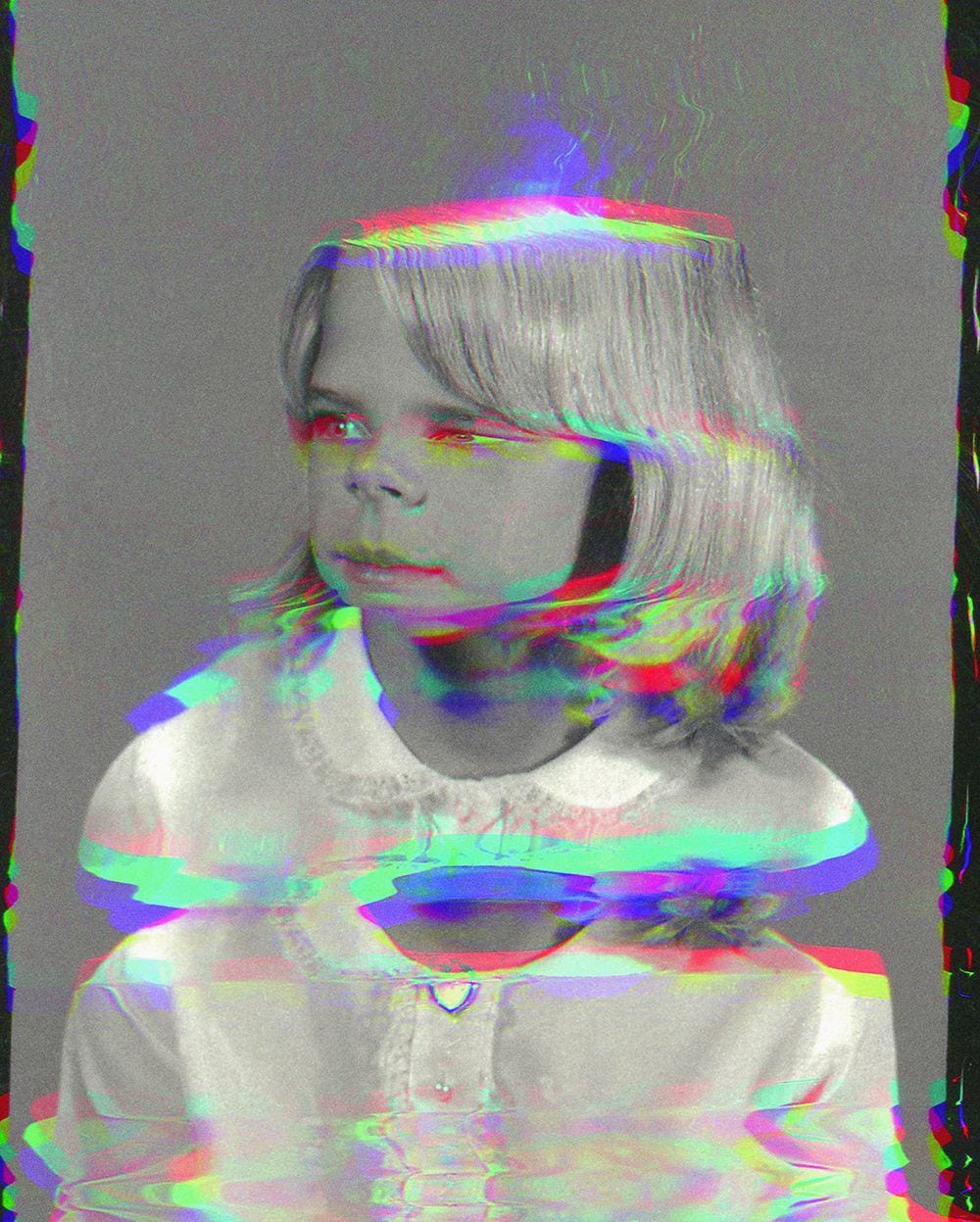 Digital art of a young girl with shoulder-length hair, wearing a lace-collared dress, affected by glitch effects.