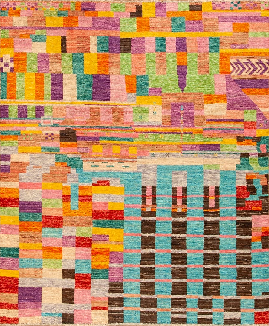 Colorful abstract geometric pattern with various shapes and vibrant hues, including orange, pink, teal, and brown.