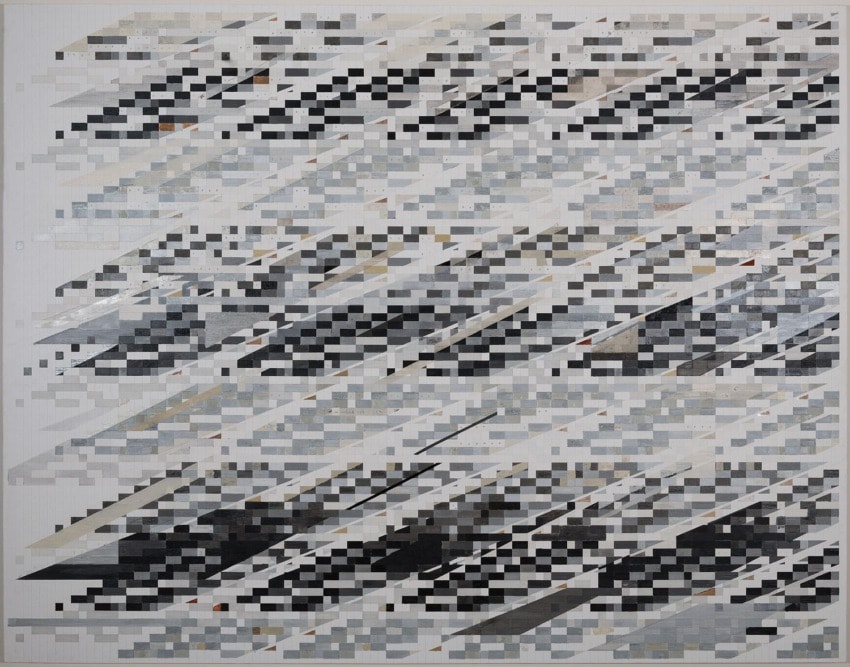 Abstract artwork with a pattern of diagonal lines and squares in various shades of gray and black.