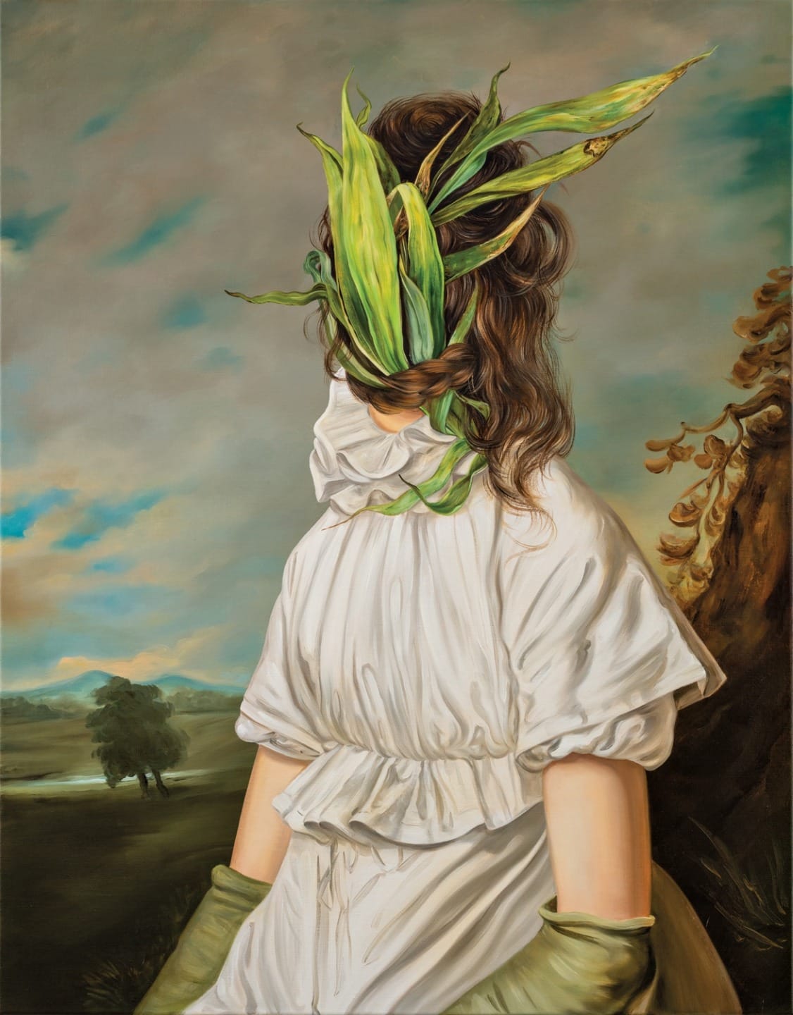 Painting of a person in a white dress with their face obscured by green leaves, standing in a rural landscape.
