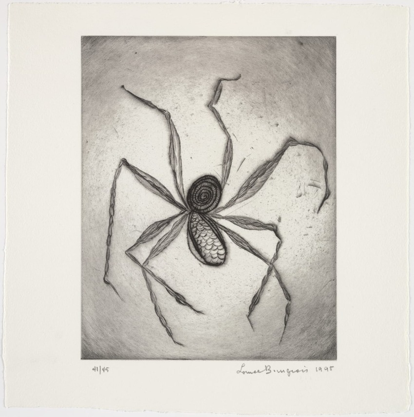 Etching of a surreal spider-like creature with a spiral body and twig-like legs on a textured background.