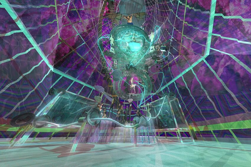 Futuristic abstract art with vibrant colors, geometric shapes, and a glowing central structure exuding an ethereal atmosphere.