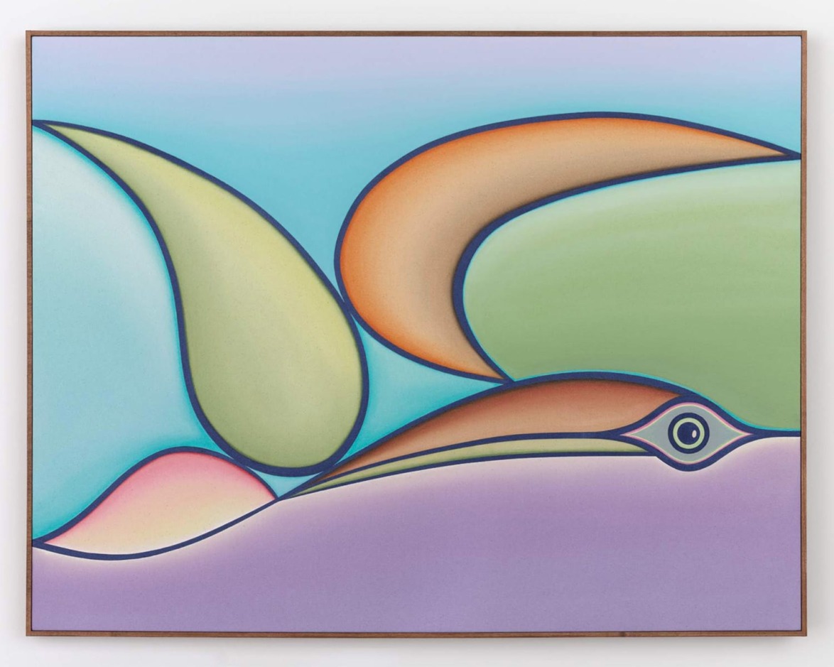 Abstract painting with colorful, smooth shapes in pastel hues, resembling organic forms on a soft gradient background.