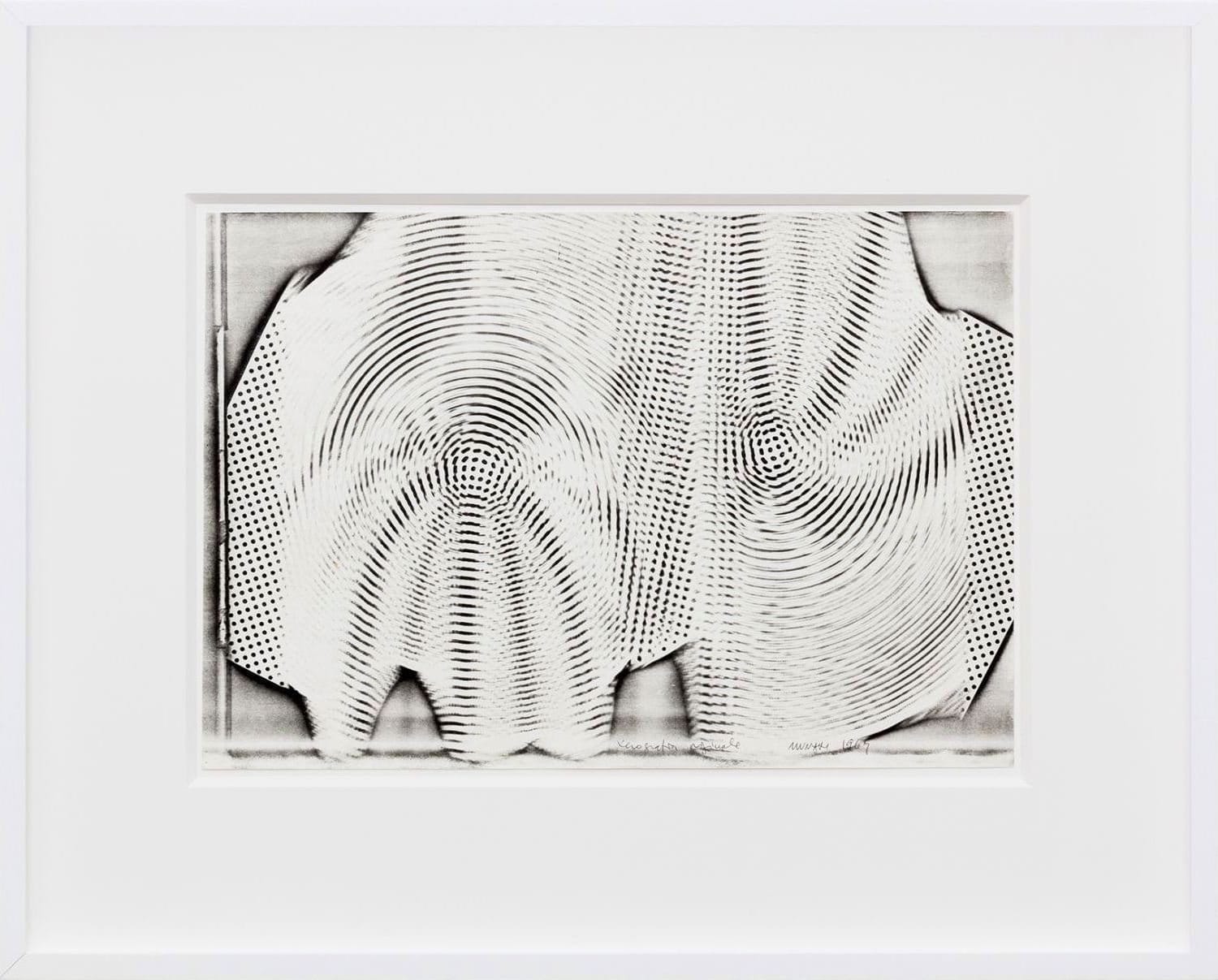 Abstract black and white geometric pattern with circular and linear designs in a white frame.