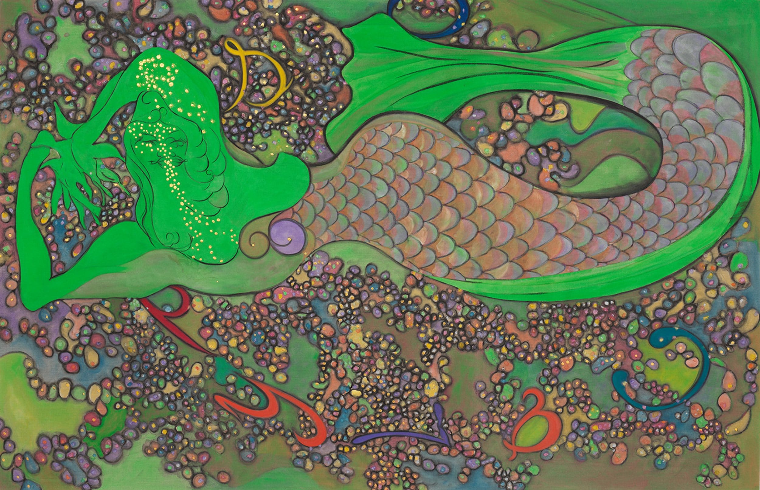 Colorful abstract painting of a green mermaid with intricate patterns and vibrant details on a vivid, swirling background.
