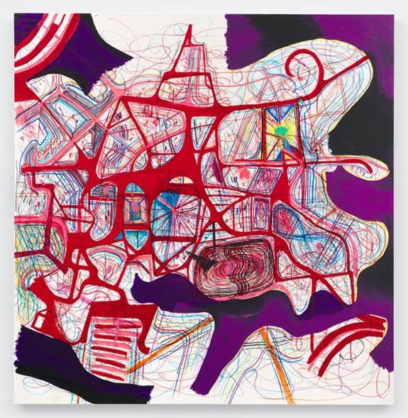 Abstract painting with vibrant red, purple, and blue lines and shapes on a white background.