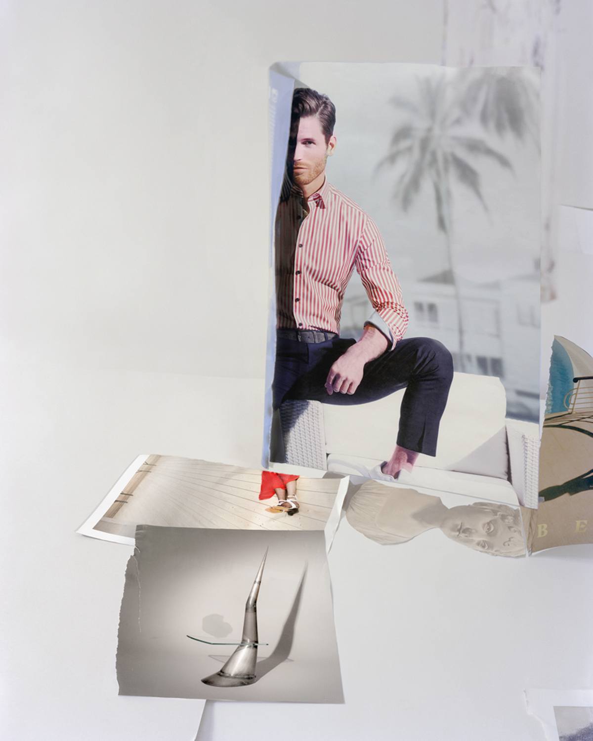 Fashion collage with a man in a red striped shirt sitting, a palm tree background, and abstract shapes.