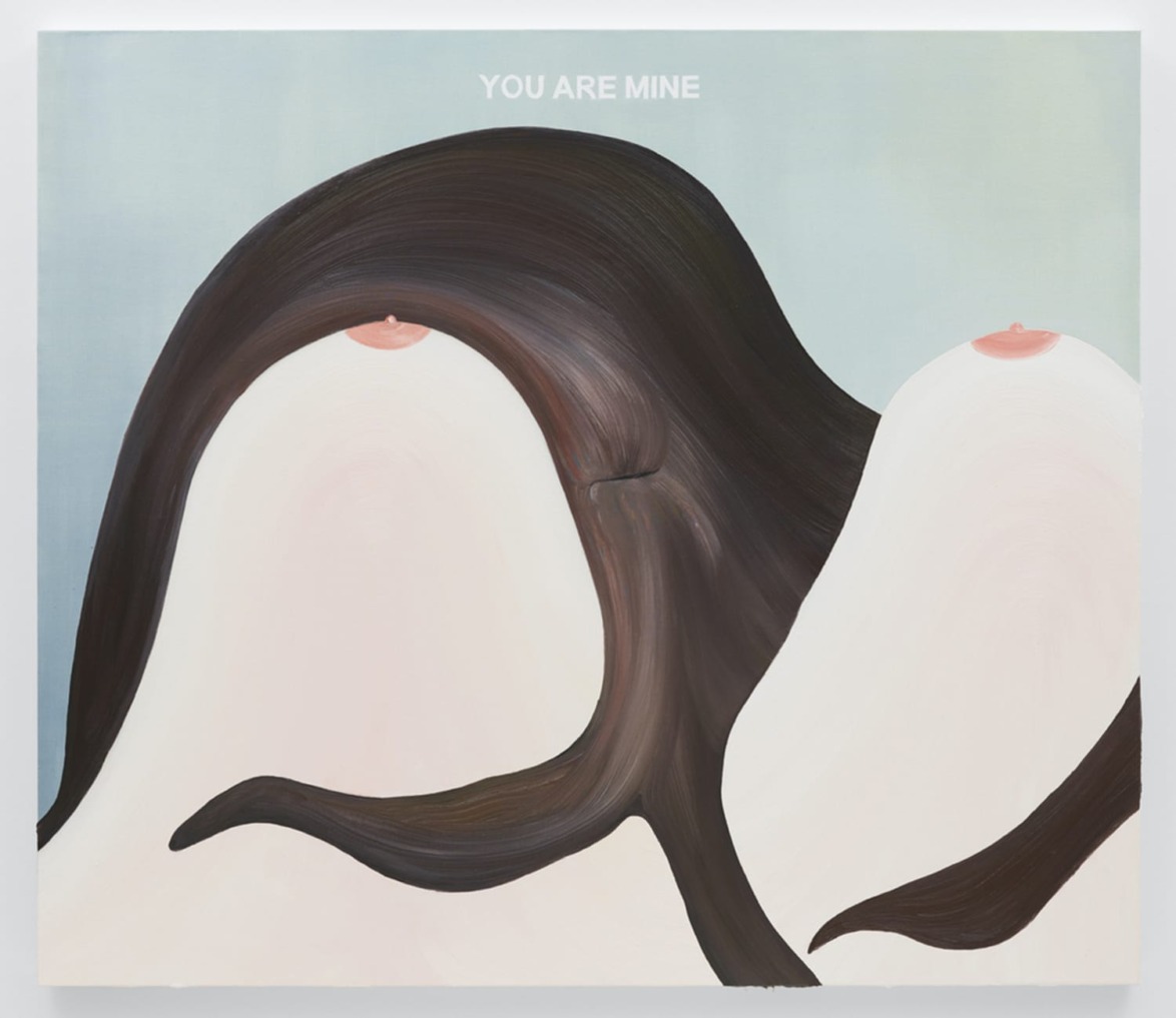 Abstract painting with two curved shapes resembling stylized figures against a light blue background, text "YOU ARE MINE" above.