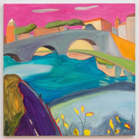 Colorful abstract painting of a bridge over a vibrant blue river under a pink sky with trees and buildings in the background.