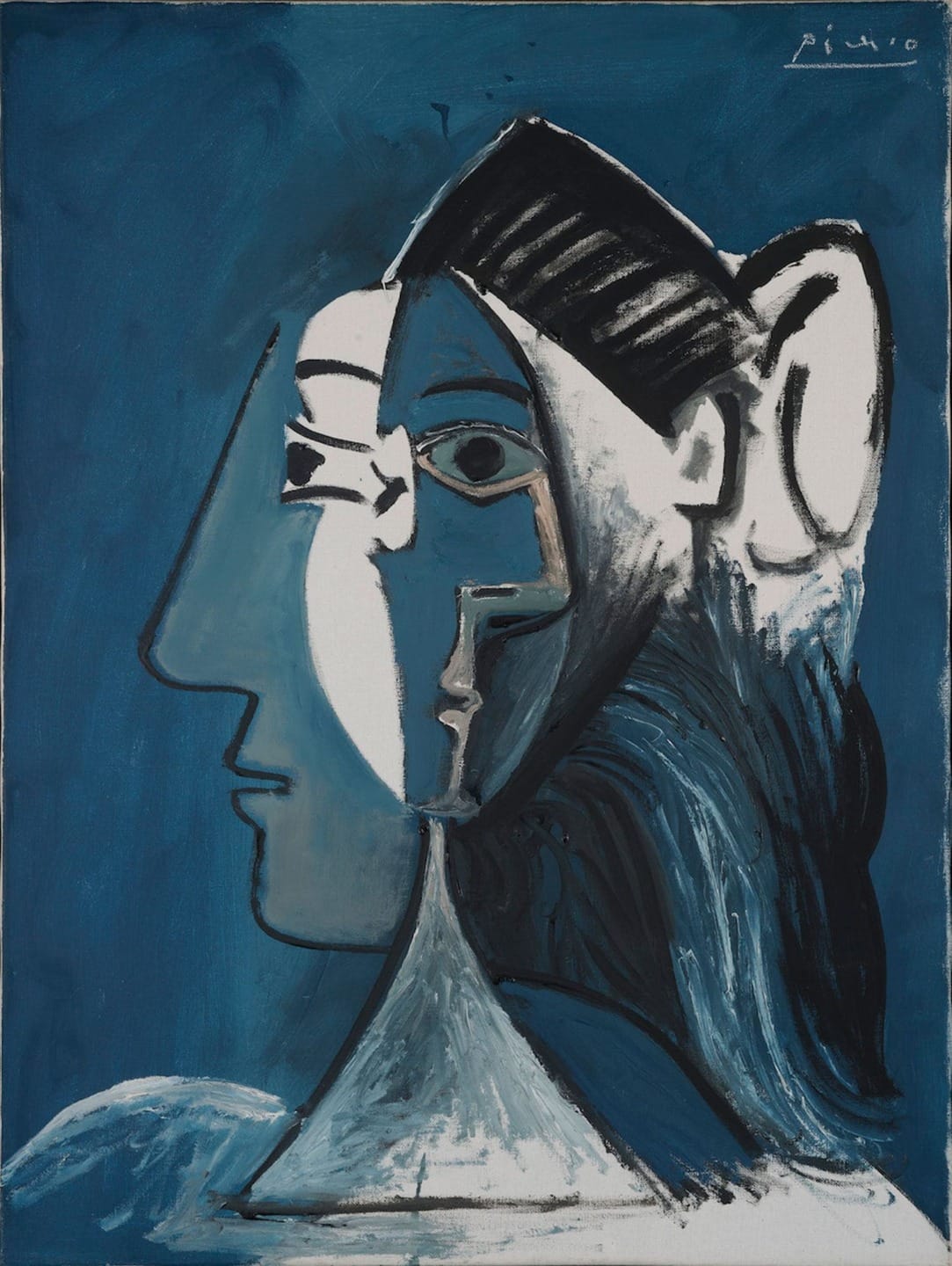 Abstract painting of a woman's profile in blue and black tones with geometric shapes and bold lines.