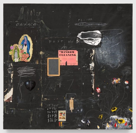 Abstract mixed media artwork with religious icon, flowers, sketchy text, and textured elements on a dark background.