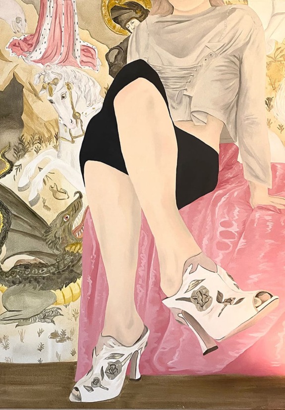 Painting of a person sitting with legs crossed, wearing a light top, black shorts, and floral high-heeled shoes.