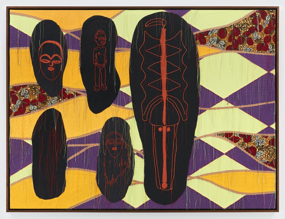 Abstract artwork with dark oval shapes featuring outlined figures and patterns on a colorful, patterned background.