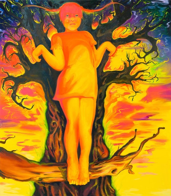 Colorful painting of a child standing on a tree branch with vibrant orange and yellow hues in the sky and background.