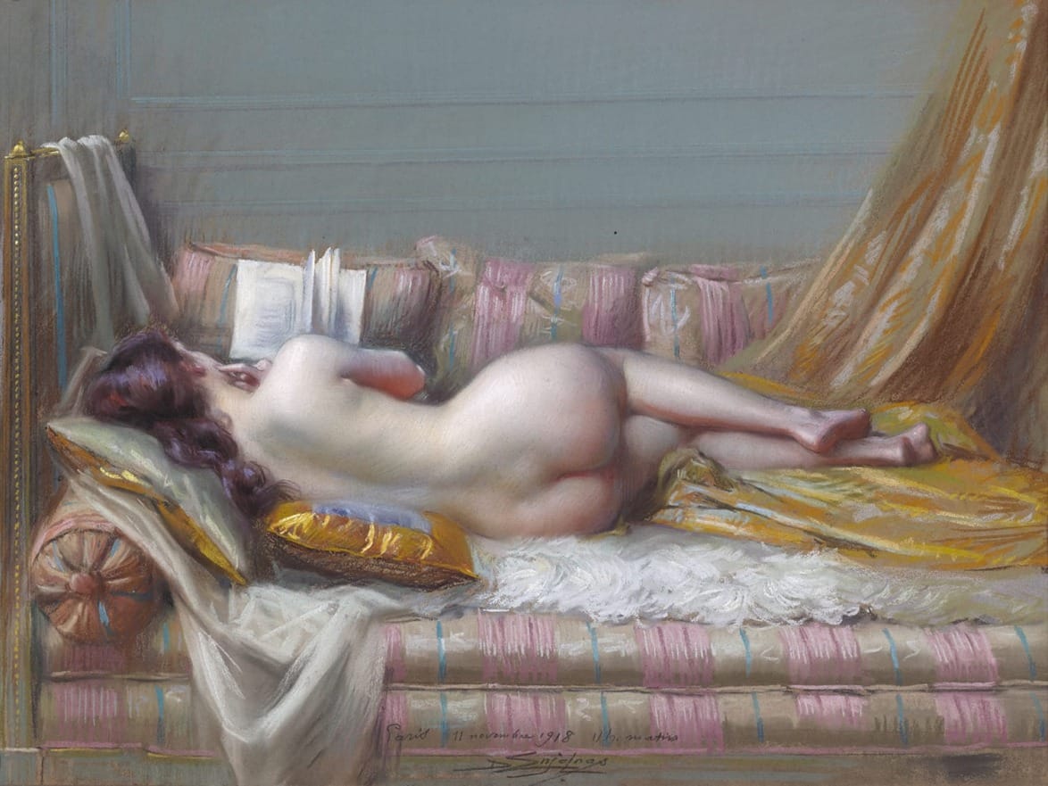 A pastel artwork of a reclining woman reading on a striped sofa with pillows, surrounded by draped fabric in soft light.