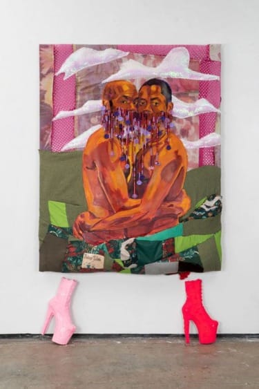 Colorful mixed media artwork of two embracing figures with vibrant textures and patterns, high heels on the floor.