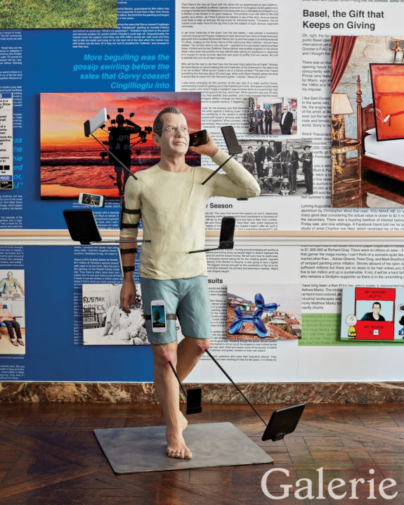 In the garden-level living room, Schachter designed a wall collage of his articles and various photo works that serves as a backdrop to his sculpture Selfie Man.