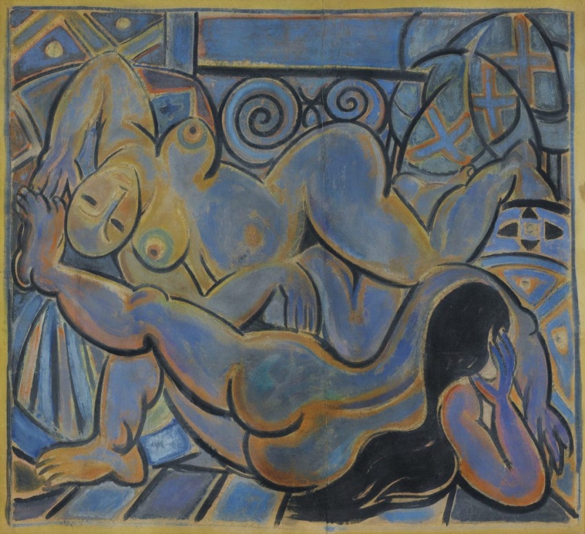 Abstract painting with intertwined human figures in blue and brown tones, featuring geometric patterns and swirling lines in the background.