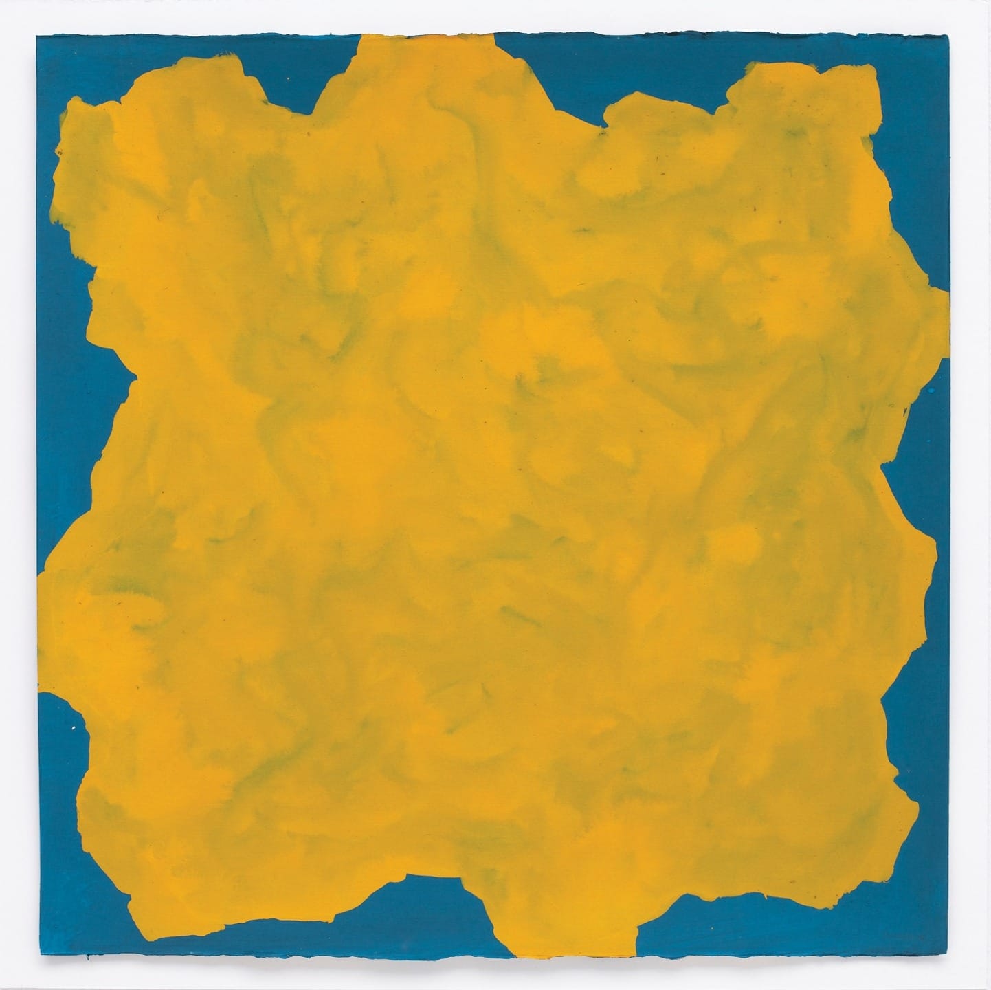 Abstract painting with a large irregular yellow shape on a blue background.