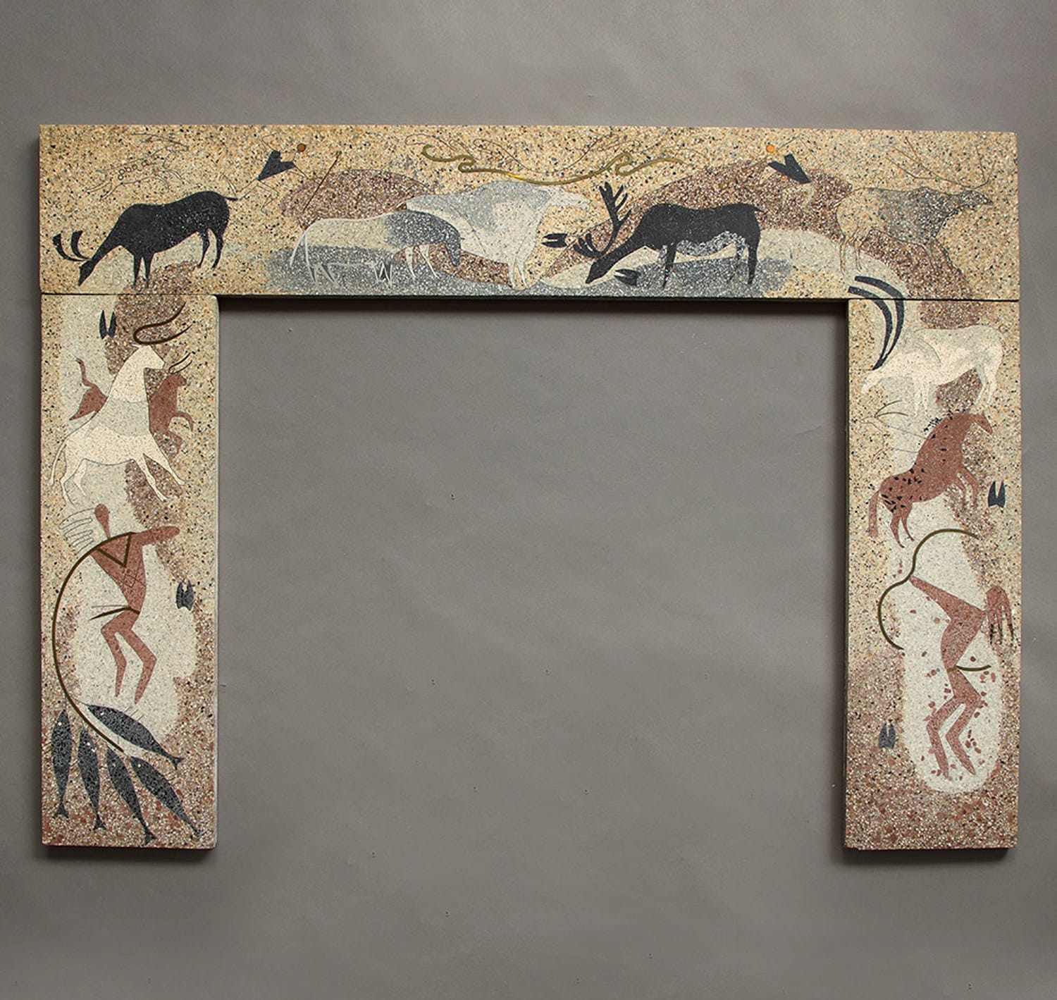 Ancient stone frame with animal and human carvings, depicting early art and hunting scenes in earthy tones.