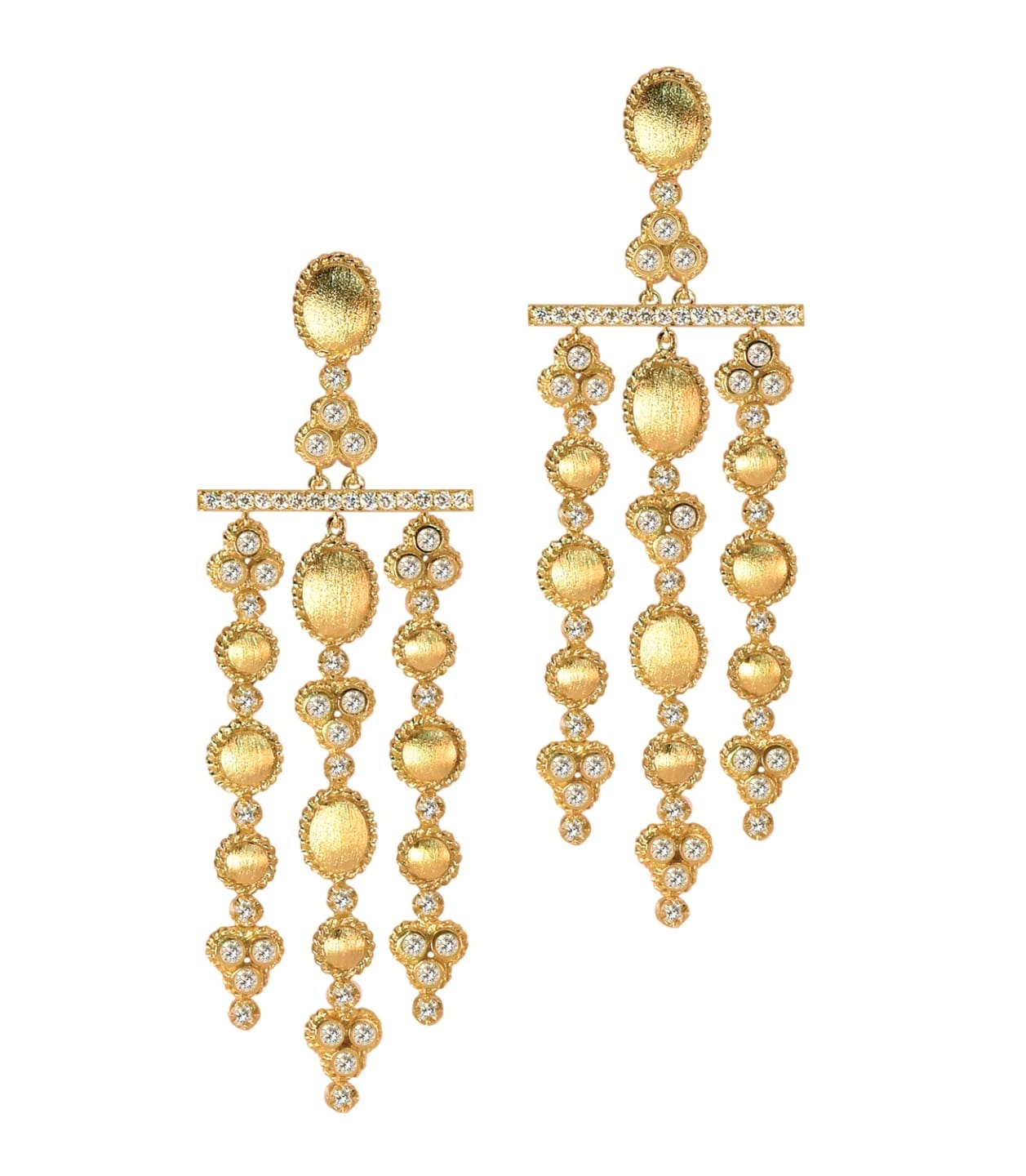 Gold and diamond chandelier earrings with intricate bead and floral design.