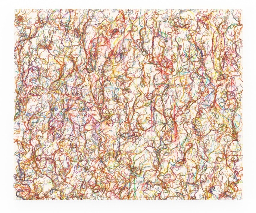 Colorful abstract art with swirling, intertwined lines on a white background.