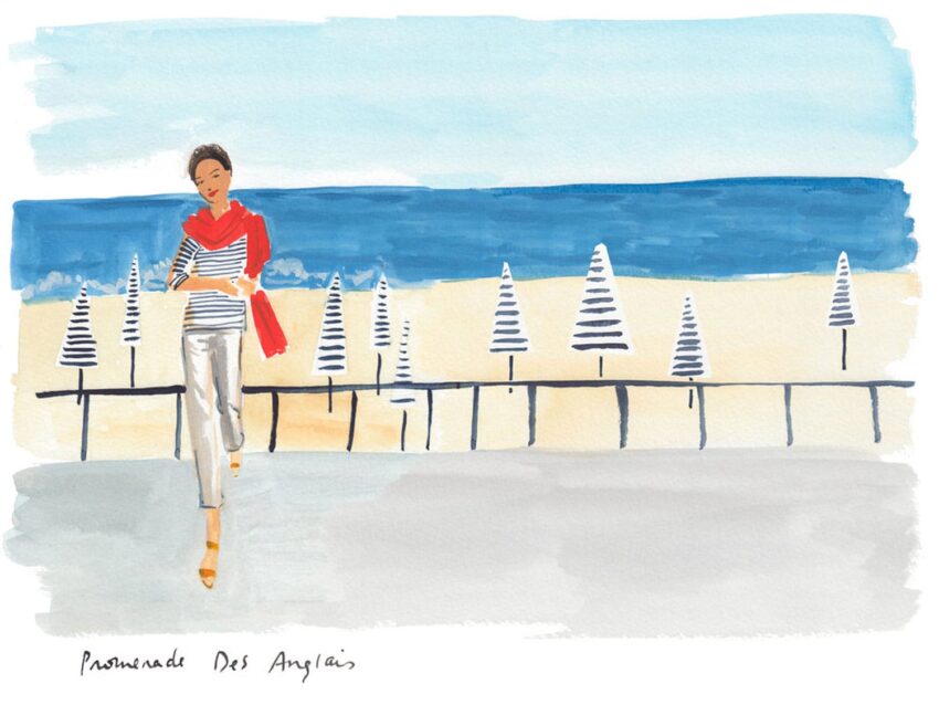 Illustration of a woman walking on Promenade des Anglais by the beach, wearing a red scarf and striped shirt.