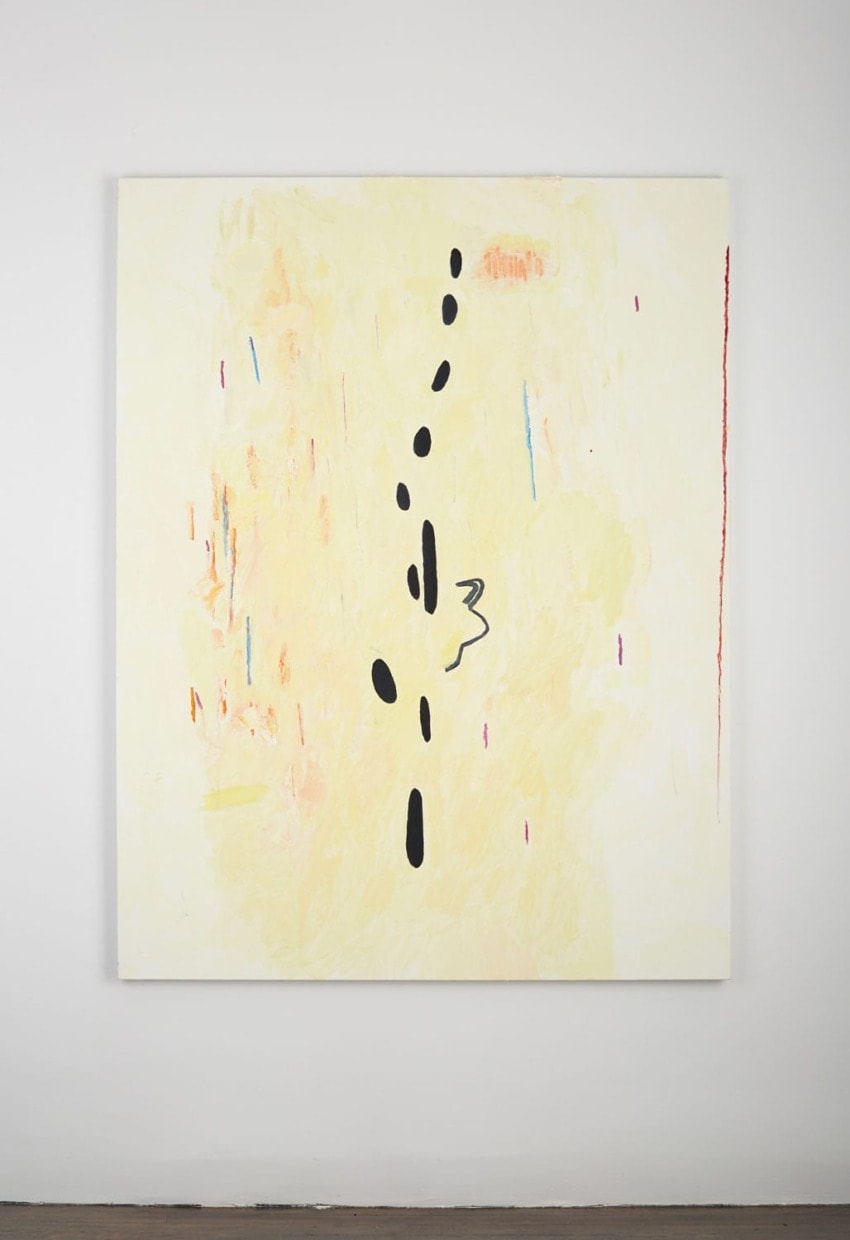 Abstract painting with a light background, black dots, and red, blue, and orange brush strokes.