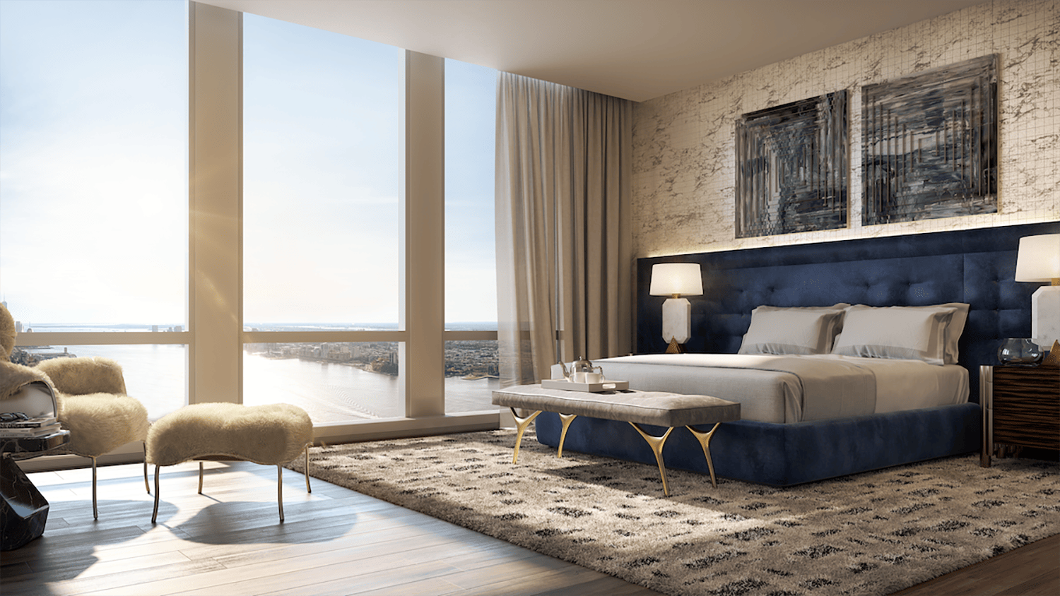 Luxurious hotel room with large windows offering a scenic river view, elegant furnishings, and modern decor.