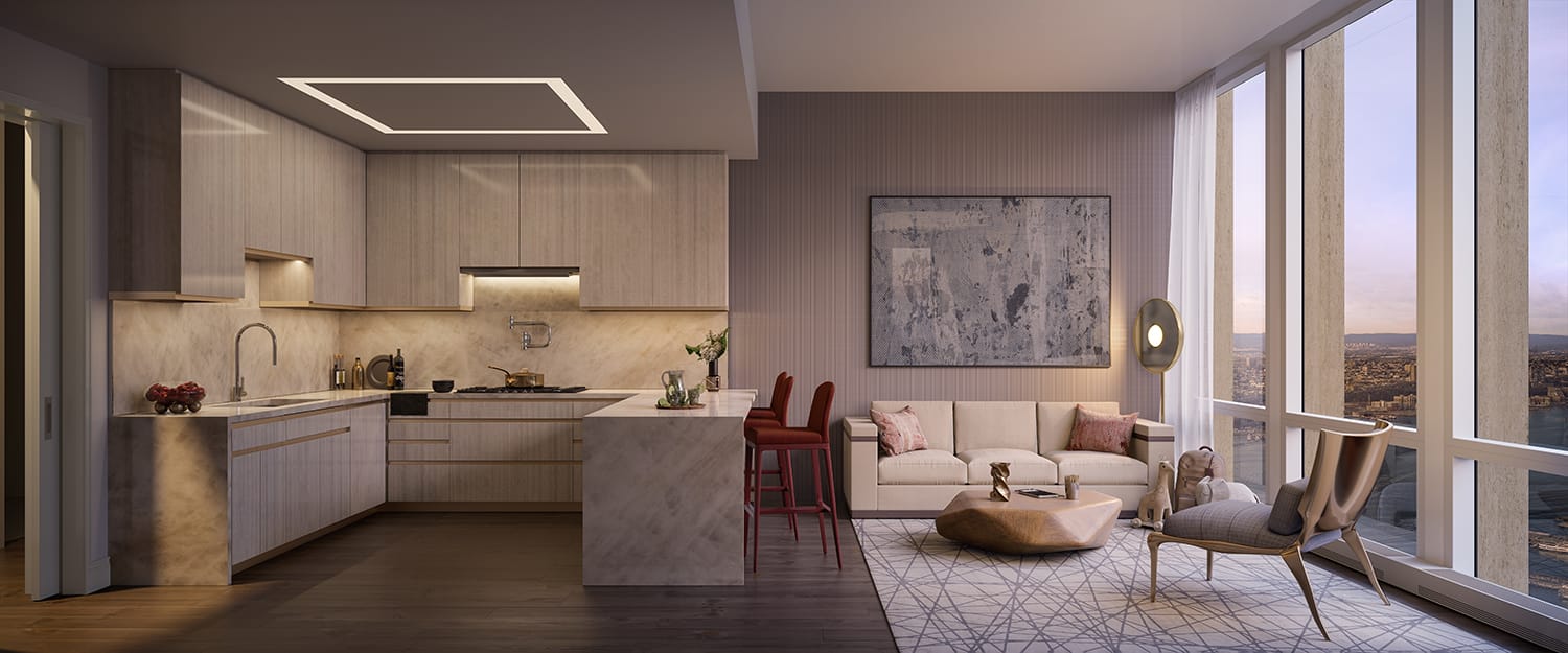 Modern kitchen and living area with wooden cabinets, artwork on wall, and large windows offering city view.