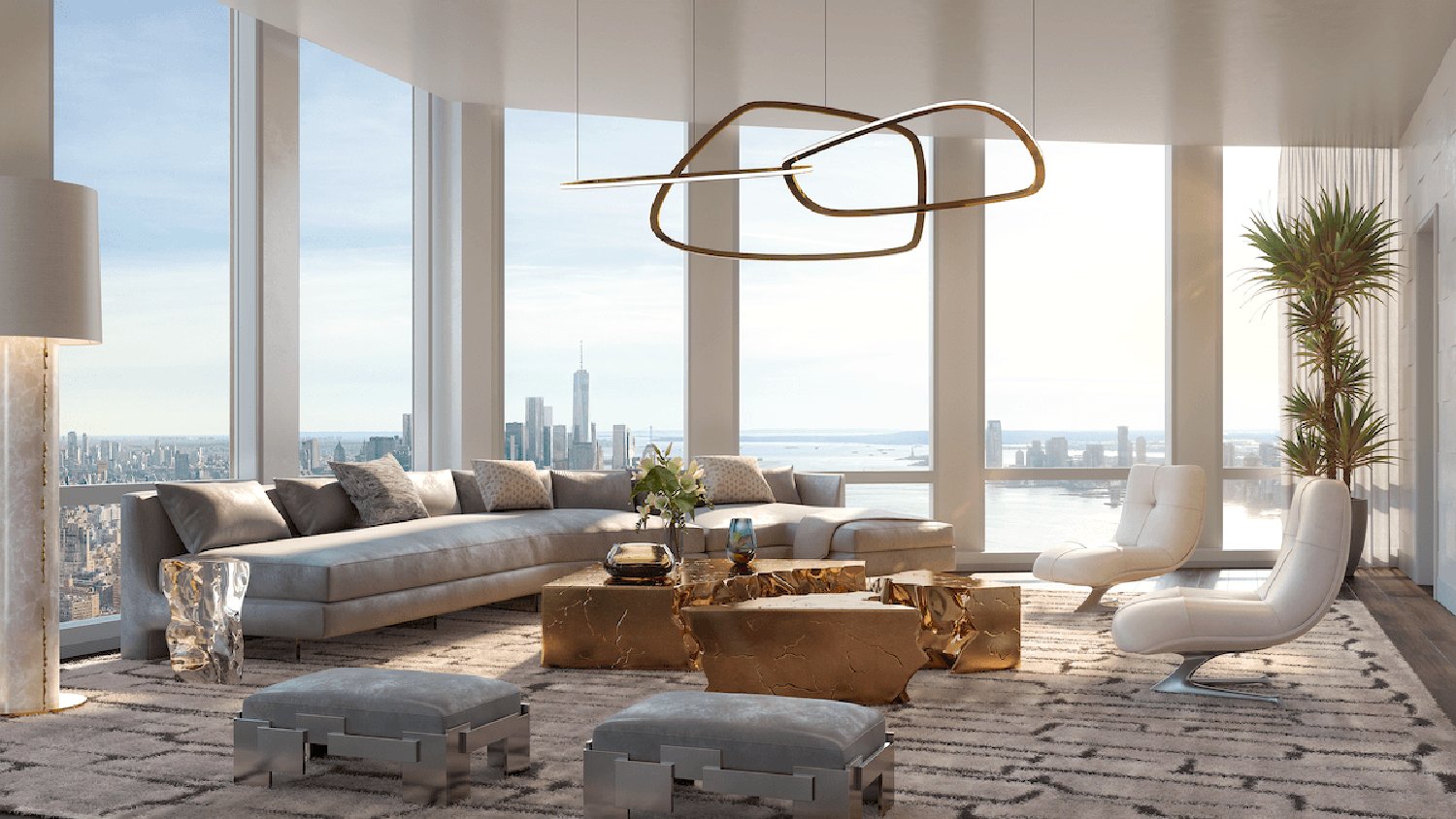 Modern penthouse living room with floor-to-ceiling windows, stylish furniture, and a cityscape view.
