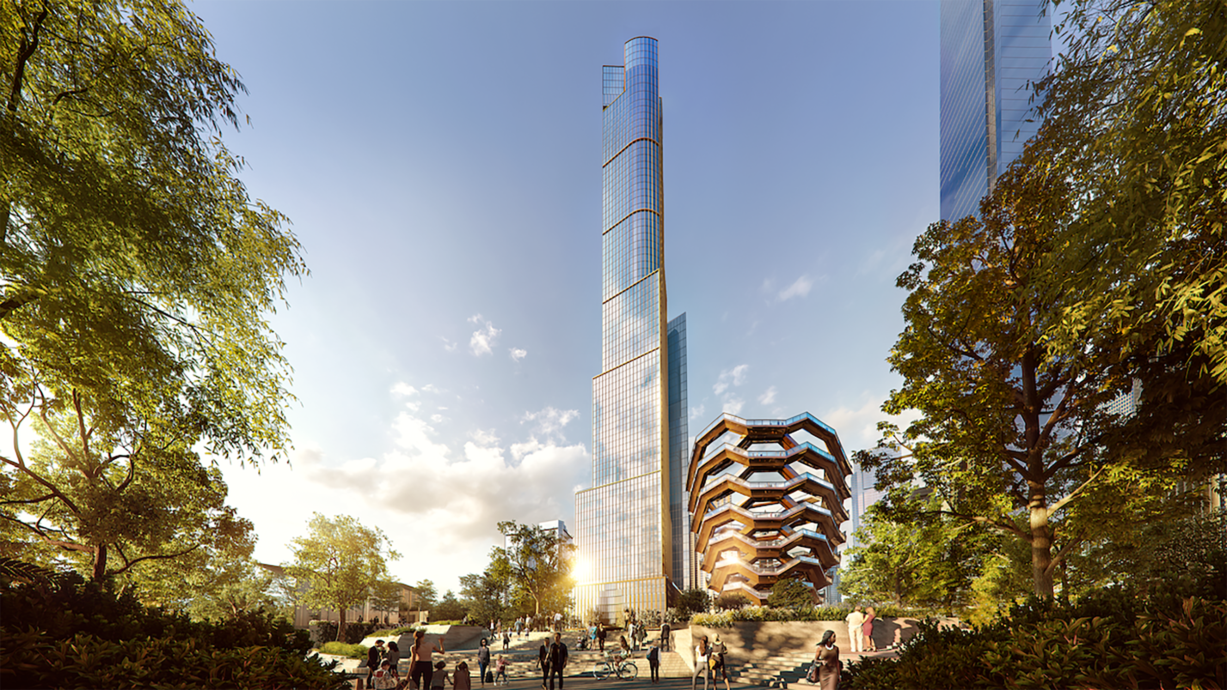 Tall modern skyscraper with reflective glass, surrounded by trees and a unique spiral structure at its base on a sunny day.