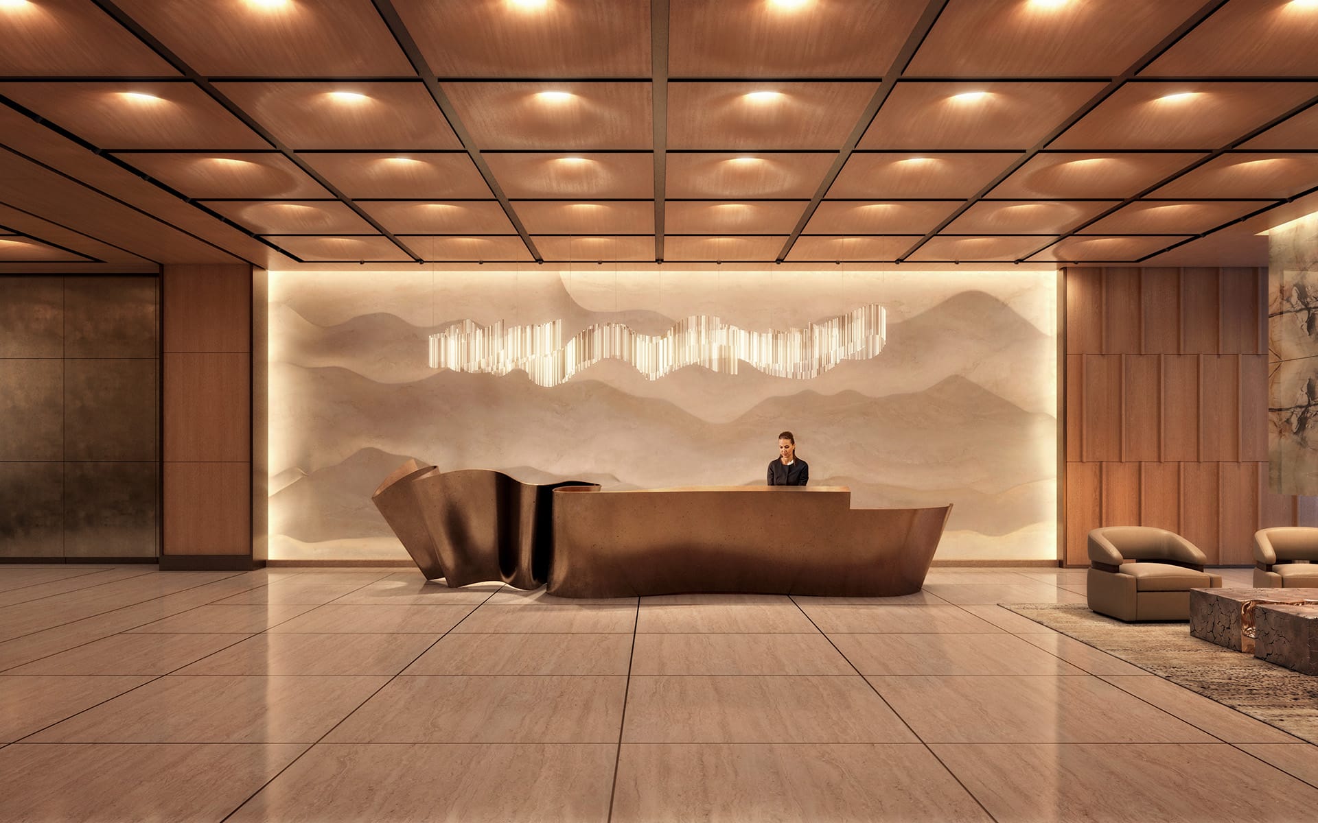 Luxurious hotel lobby with modern design, featuring a unique reception desk, elegant lighting, and comfortable seating.
