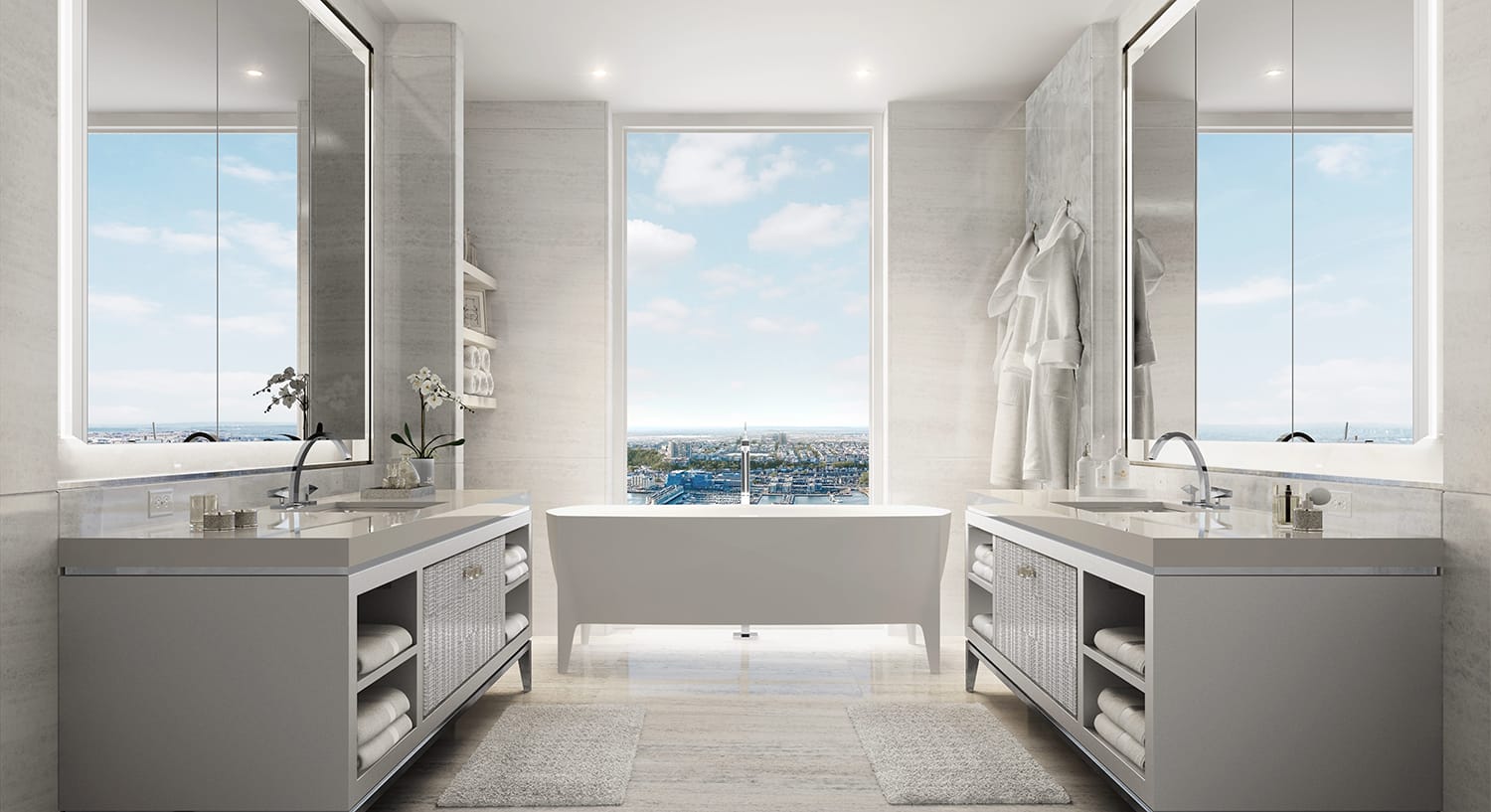 Luxury bathroom with a freestanding tub, double vanities, large mirrors, and a window with a city view.