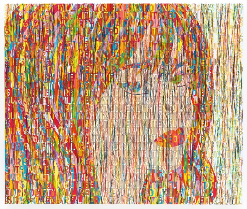 Colorful abstract portrait of a woman with text and brushstrokes forming her face and hair, created with vibrant hues.