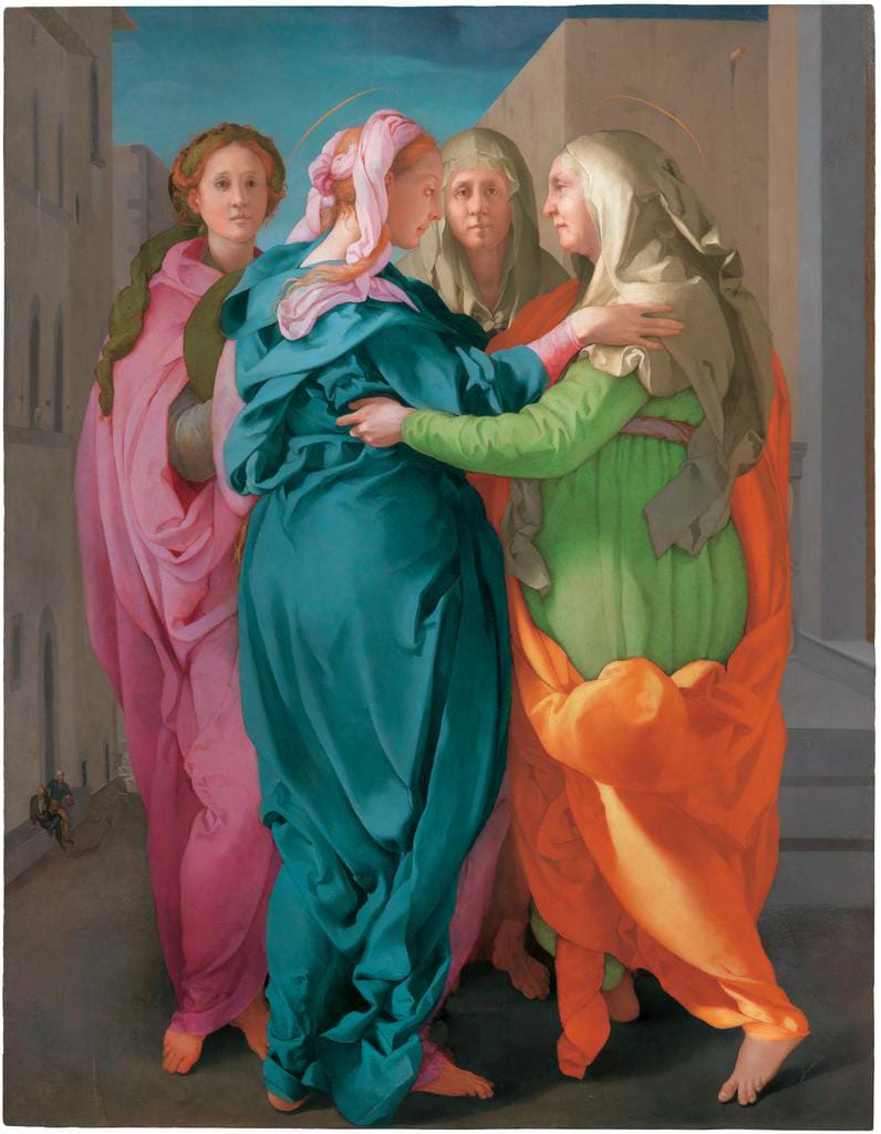 Renaissance painting of four women in colorful garments standing in a huddle with a street scene in the background.