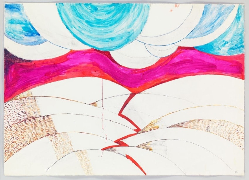 Abstract painting with bold red and pink strokes, blue circular shapes above, and layered white and beige curved lines below.