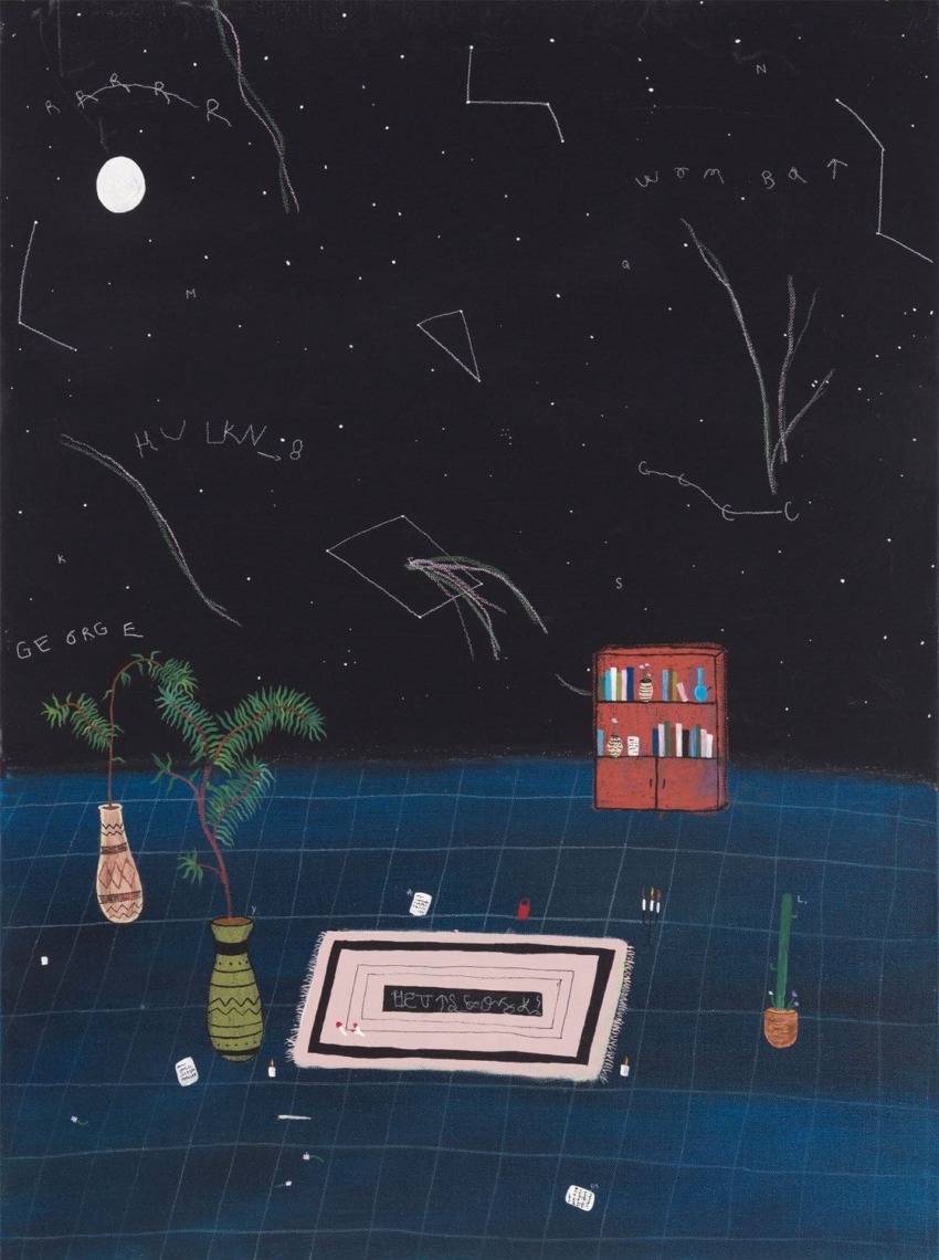 Surreal night scene with a grid floor, starry sky, potted plants, dice, and a bookshelf with books and constellations.