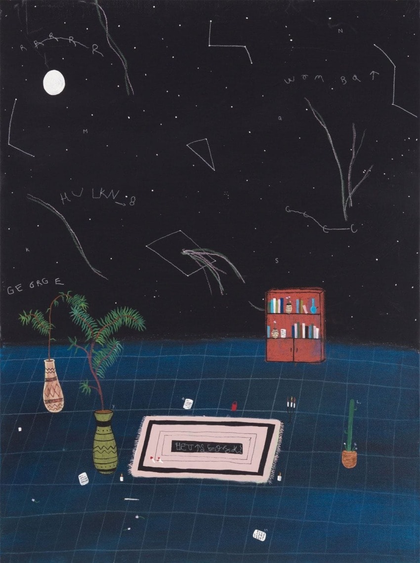 Surreal night scene with a grid floor, starry sky, potted plants, dice, and a bookshelf with books and constellations.