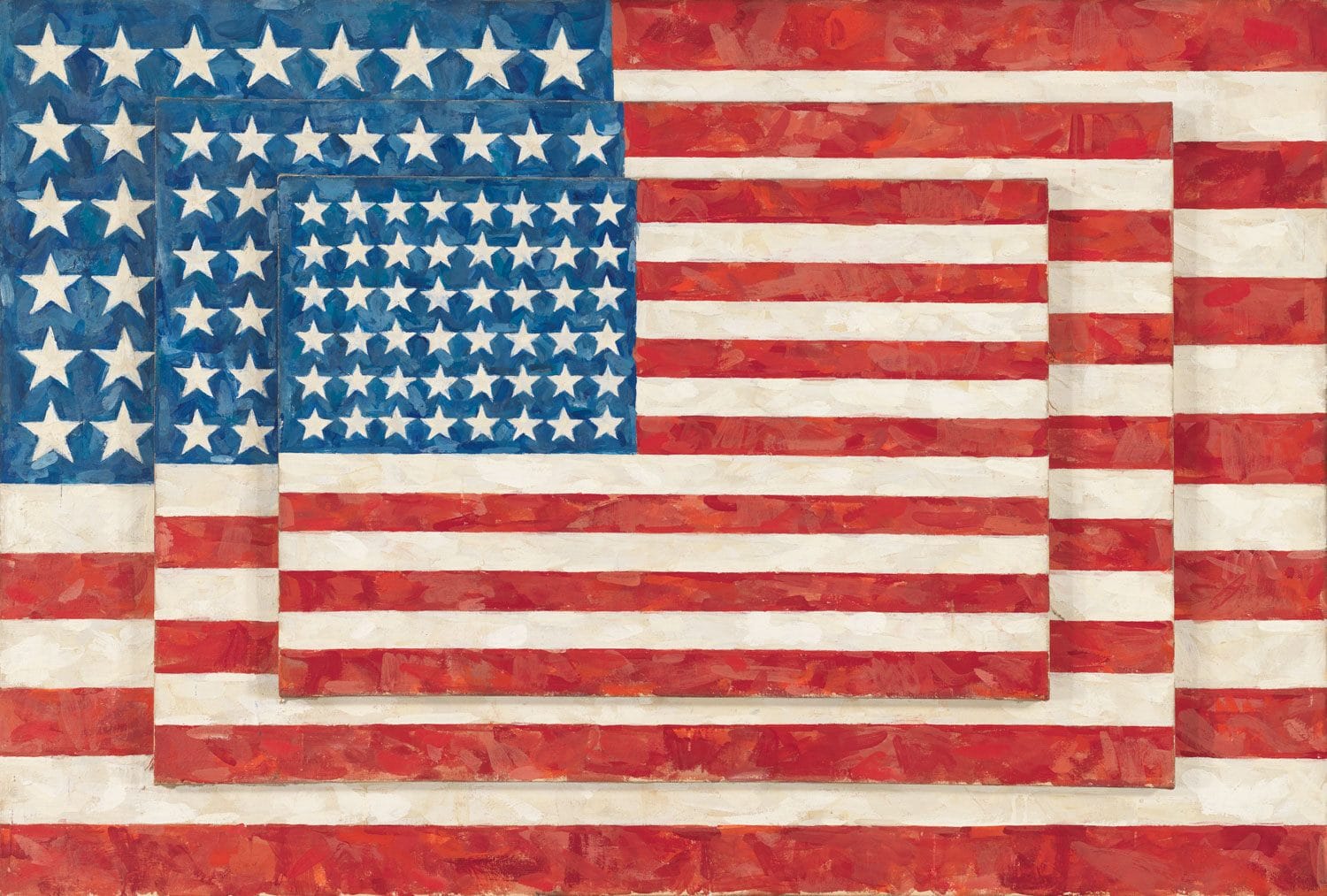 Abstract painting of overlapping American flags with four rows of stars on blue and red and white stripes in layers.