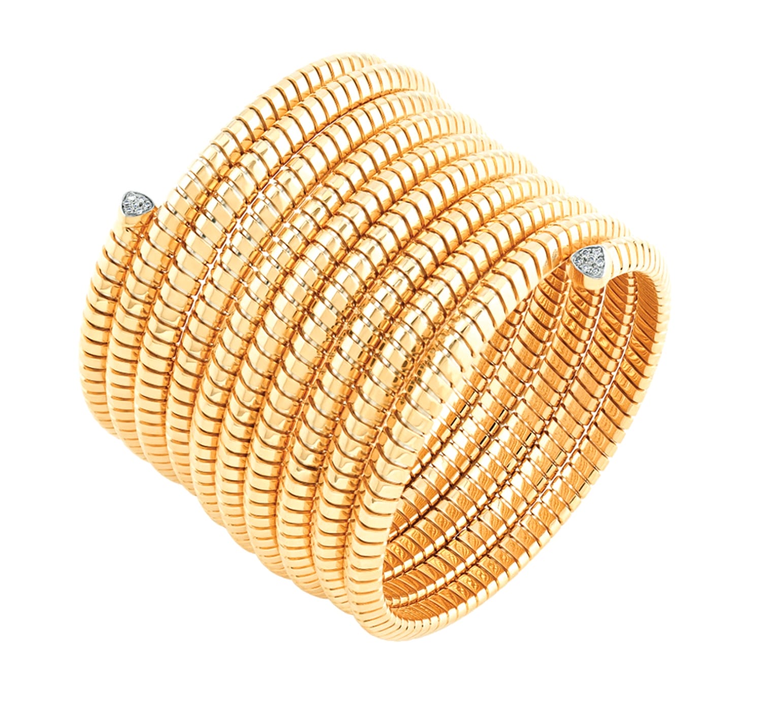 Gold coil bracelet with diamond accents, featuring multiple thin bands stacked together for an elegant and modern design.