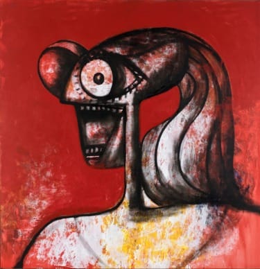 Painting of a figure with large eyes and open mouth.