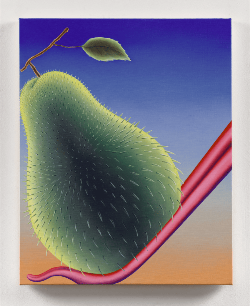 Abstract painting of a pear with spiky texture, a leaf on a stem, and a colorful background transitioning from purple to peach.