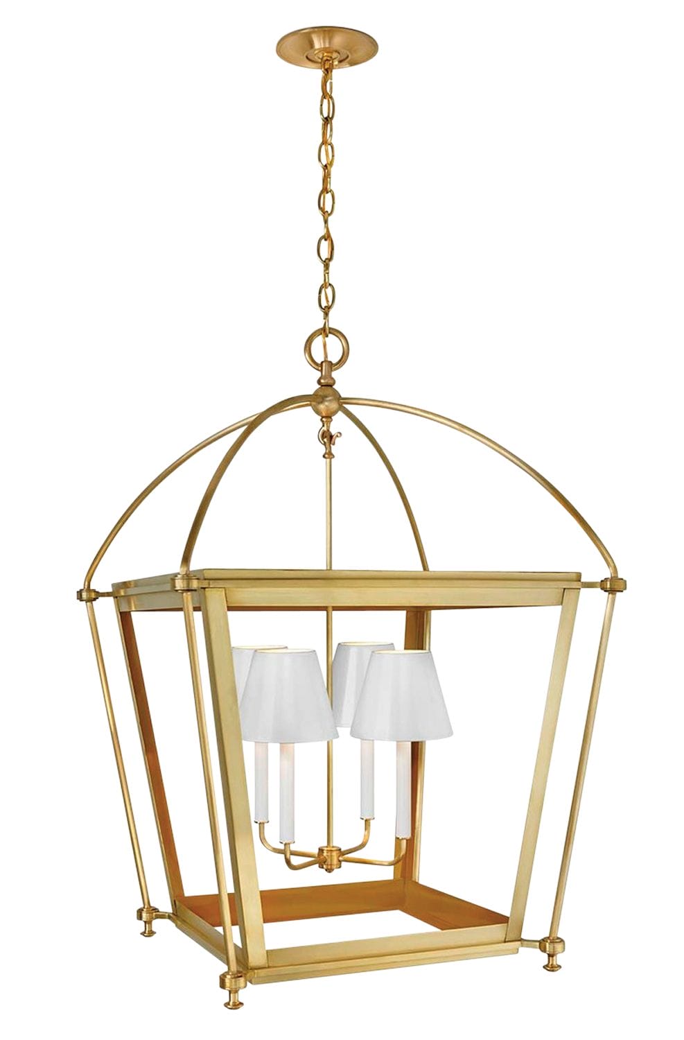 Golden geometric hanging lantern with four white lampshades, suspended from a chain.