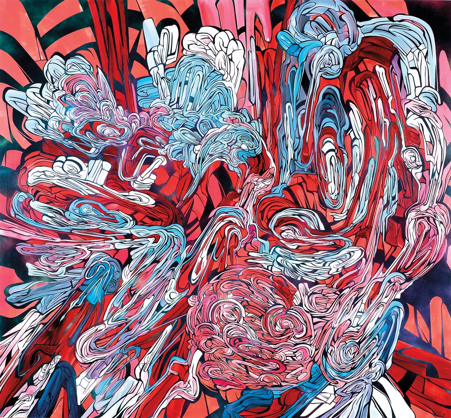 Abstract painting with swirling patterns in red, blue, and white, creating a dynamic, chaotic visual effect.