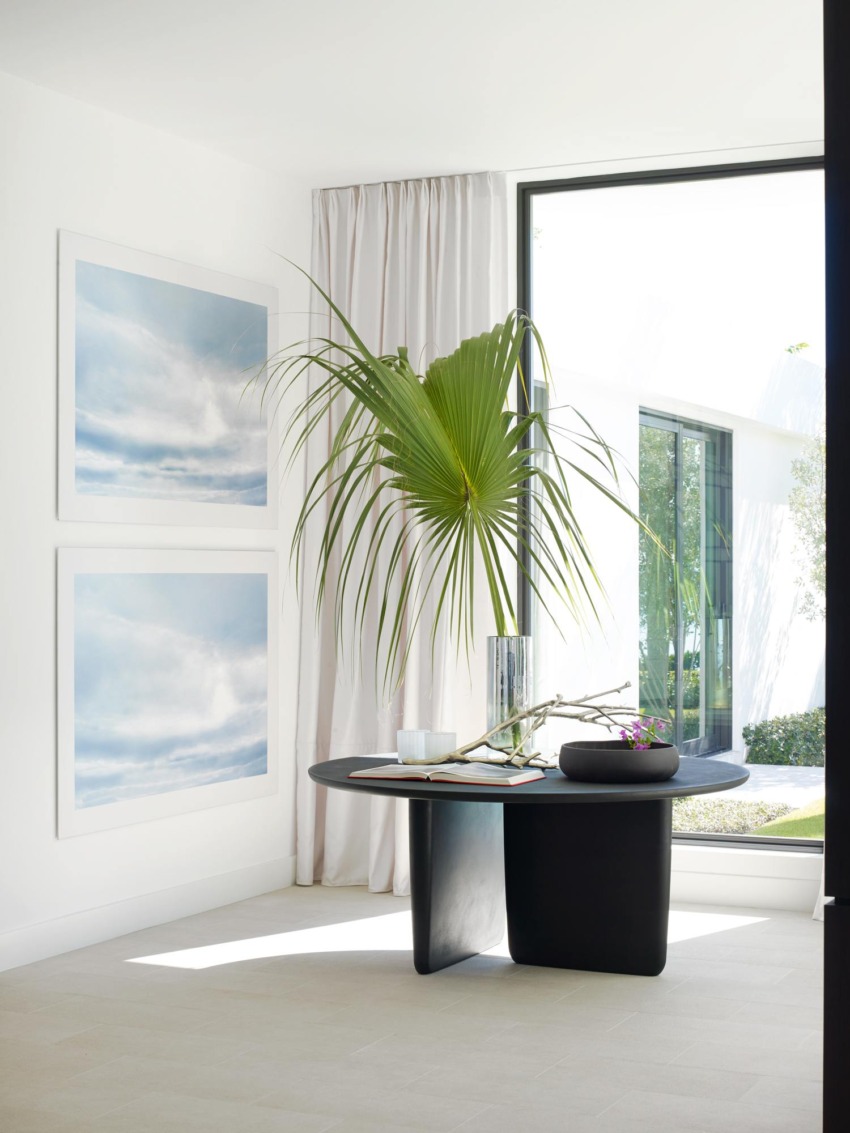 Modern interior with a black table, tropical plant, two landscape paintings on the wall, and large window view outside.