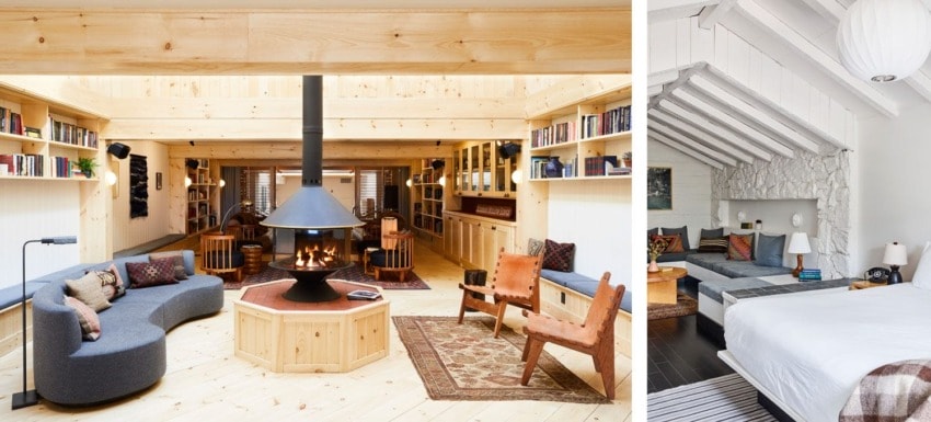 Cozy living room with central fireplace and rustic furniture beside a modern bedroom with white walls and wooden beams.