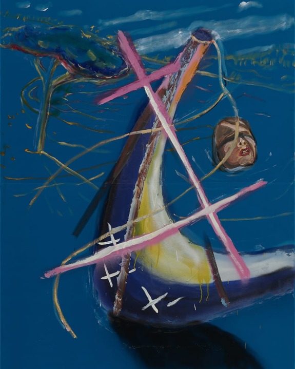Abstract painting with blue background, featuring a face, pink lines, and dynamic shapes creating a surreal landscape.